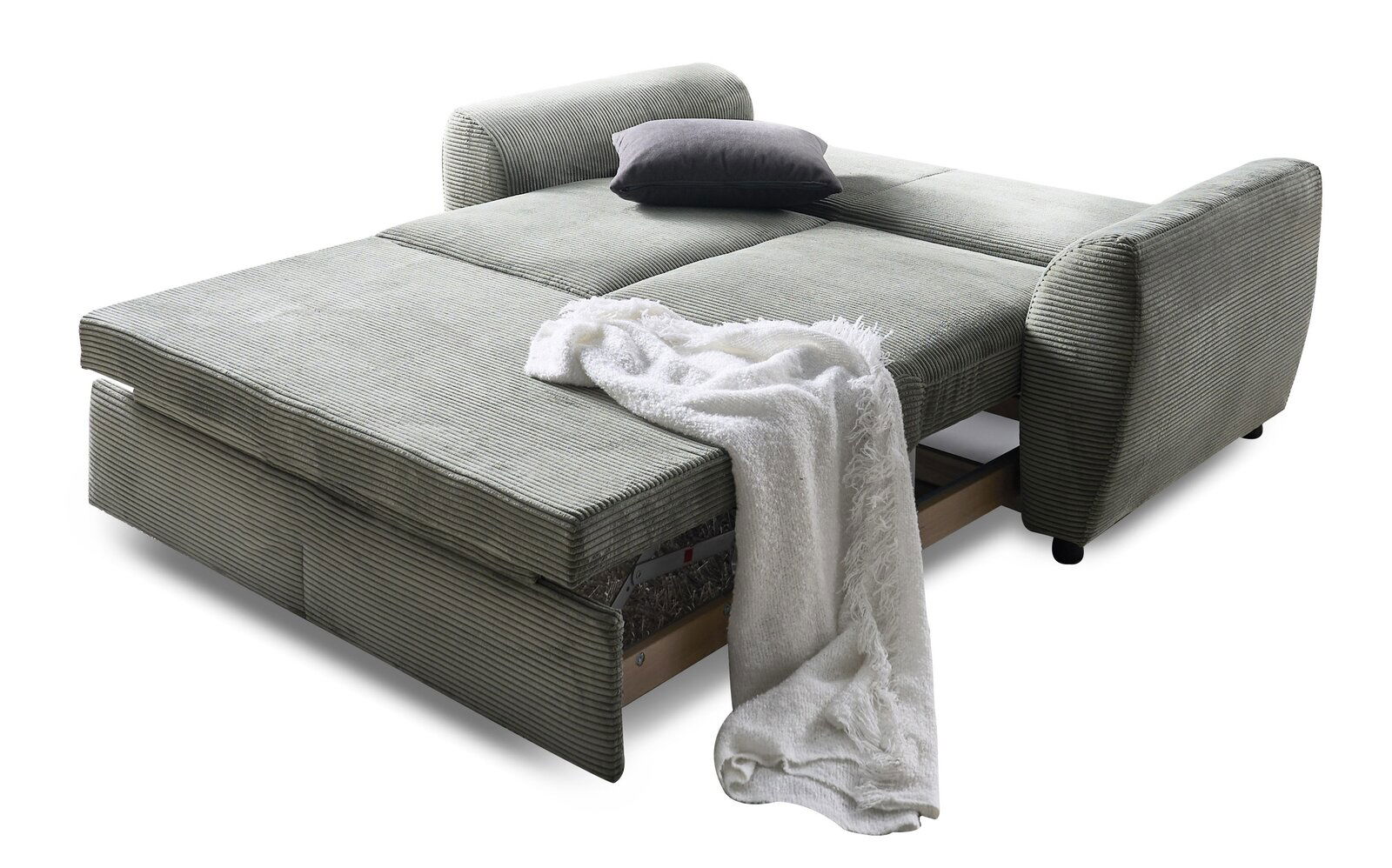 Funktionssofa in Liegeposition mit grauem Stoffbezug, Kissen und Decke, seitliche Perspektive