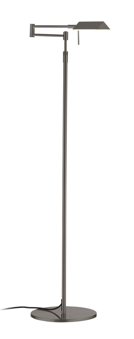 Moderne LED-Stehleuchte JOHANN in seitlicher Ansicht mit schwenkbarem Arm und flachem Lampenschirm, ideal für zeitgenössische Wohnräume.