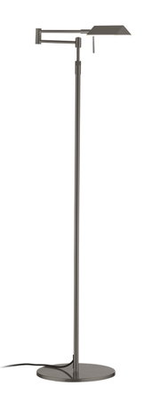 Moderne LED-staande lamp JOHANN in zijaanzicht, met zwenkbare arm en platte lampenkap, ideaal voor moderne woonruimtes.