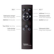 Fernbedienung für die Deckenleuchte PURE MIRA von Paul Neuhaus, frontal abgebildet, mit Tasten für Ein/Aus, Dimmen, Farbtemperatur und Nachtlicht.