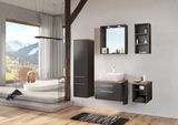 Modernes Badezimmer mit Hängeregal in dunklem Holz, seitliche Perspektive