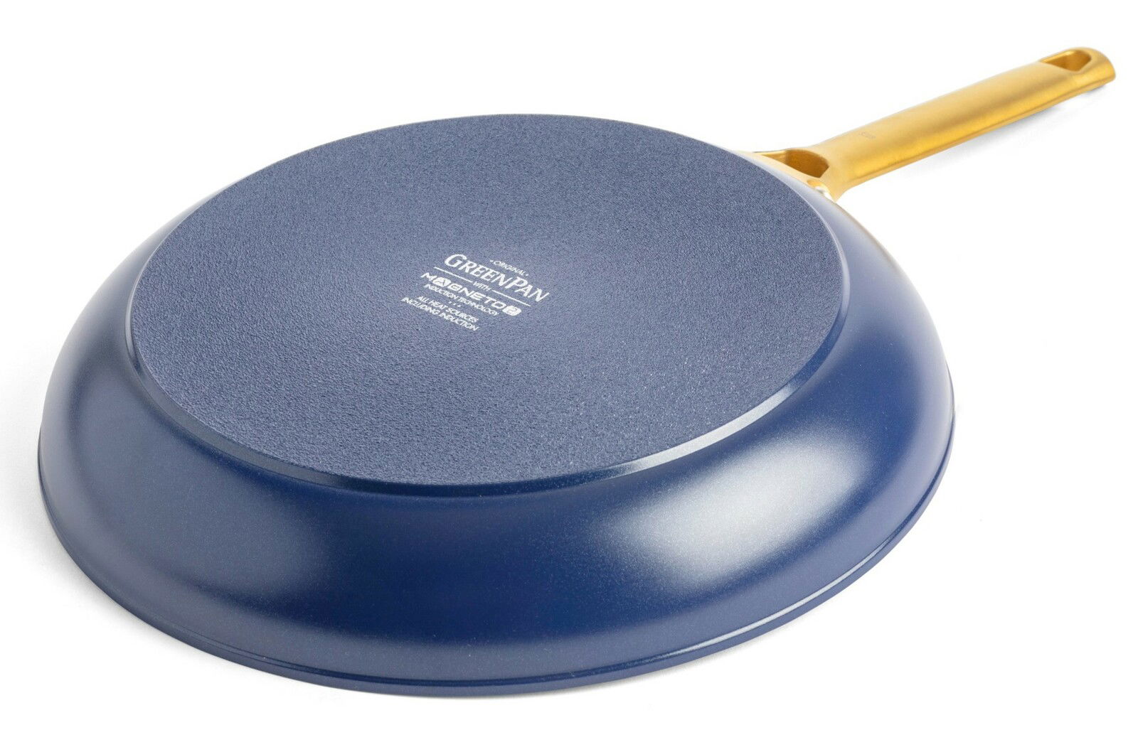 Blaue Pfanne mit goldfarbenem Griff, Ansicht von unten