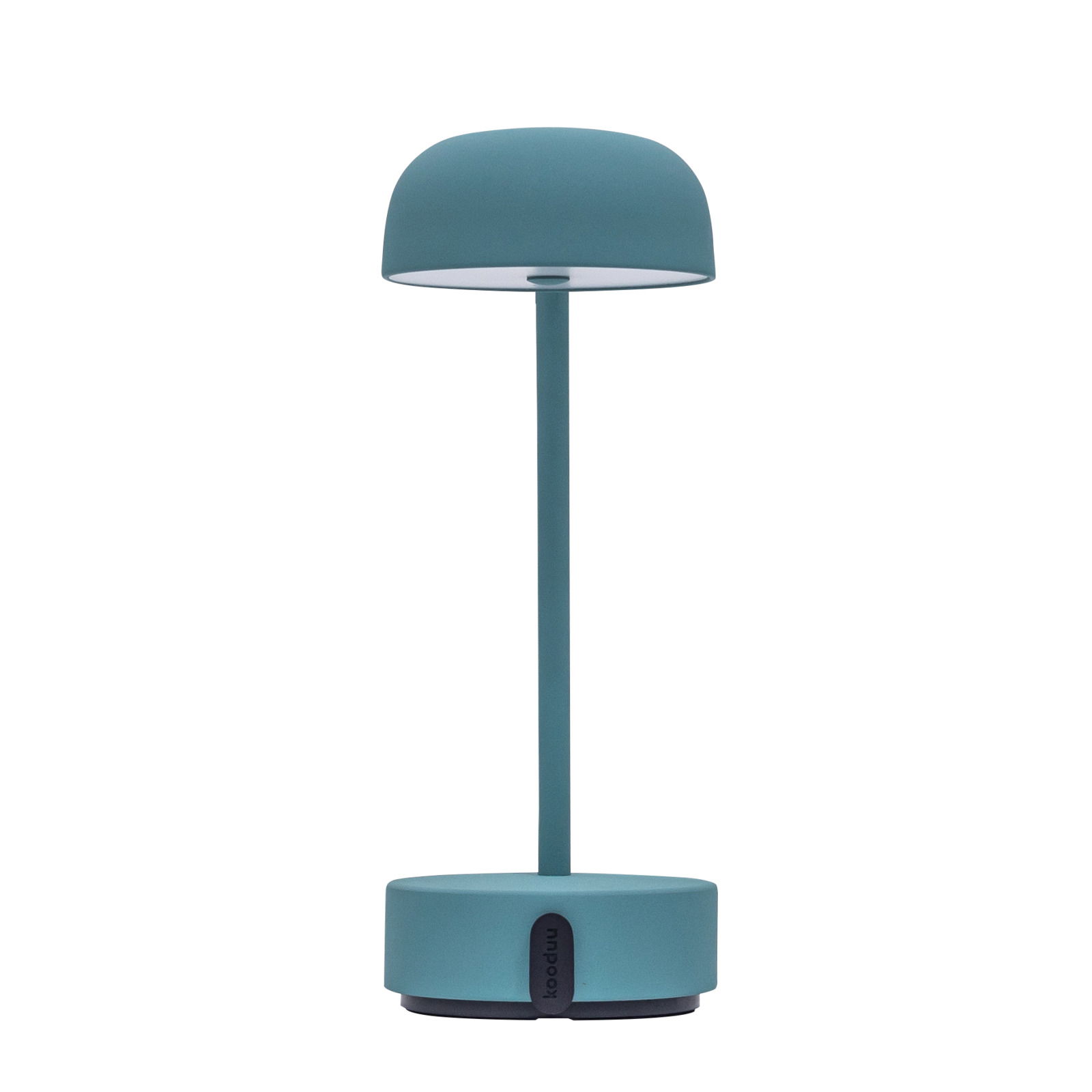 Moderne Tischlampe in rauchigem Teal, frontal abgebildet.