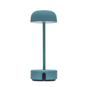 Moderne Tischlampe in rauchigem Teal, frontal abgebildet.
