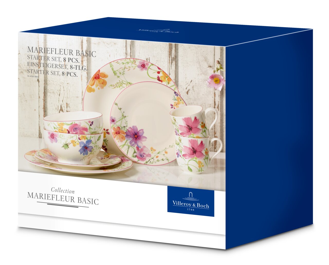 Starter-Set Mariefleur 8-tlg. von Villeroy & Boch, bestehend aus floral verzierten Tassen, Tellern und Schalen, seitliche Perspektive.