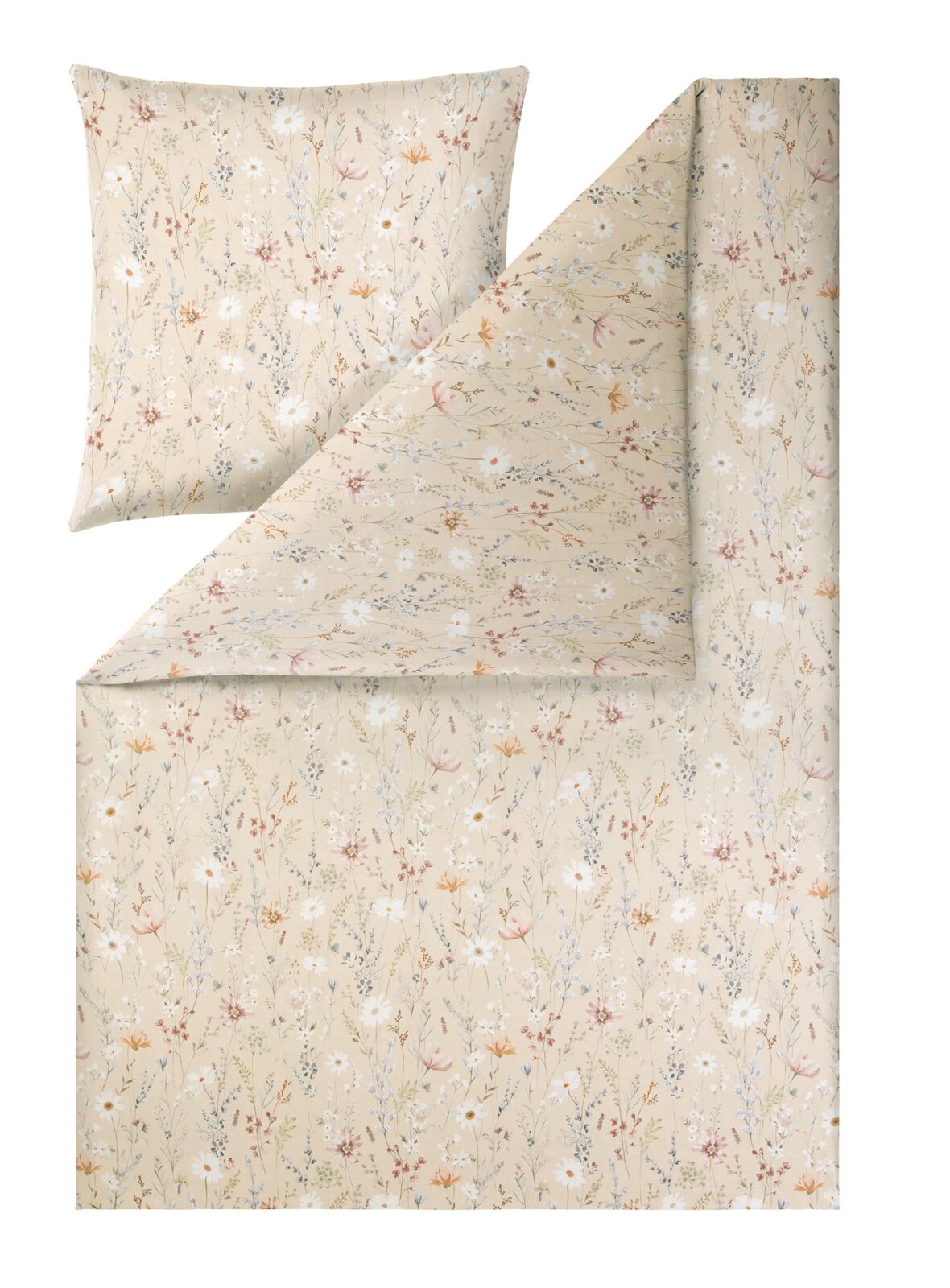 Estella Mako-Satin Bettwäsche 135/200cm CELESTE Bettwäsche-Set mit beigem Grund und zartem Wiesenblumen-Muster in Pastellfarben, mit Kissenbezug und aufgeschlagener Decke, Ansicht von oben (Flatlay).