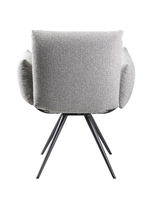 Rückansicht eines grauen Sessels mit vier schwarzen Metallbeinen.