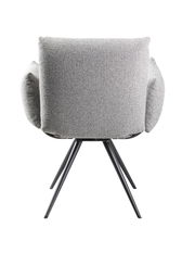 Rückansicht eines grauen Sessels mit vier schwarzen Metallbeinen.