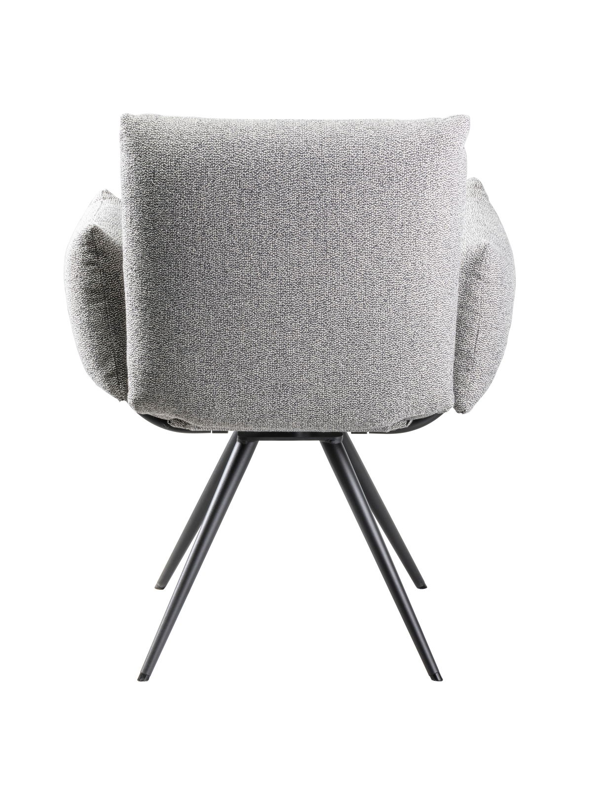 Rückansicht eines grauen Sessels mit vier schwarzen Metallbeinen.