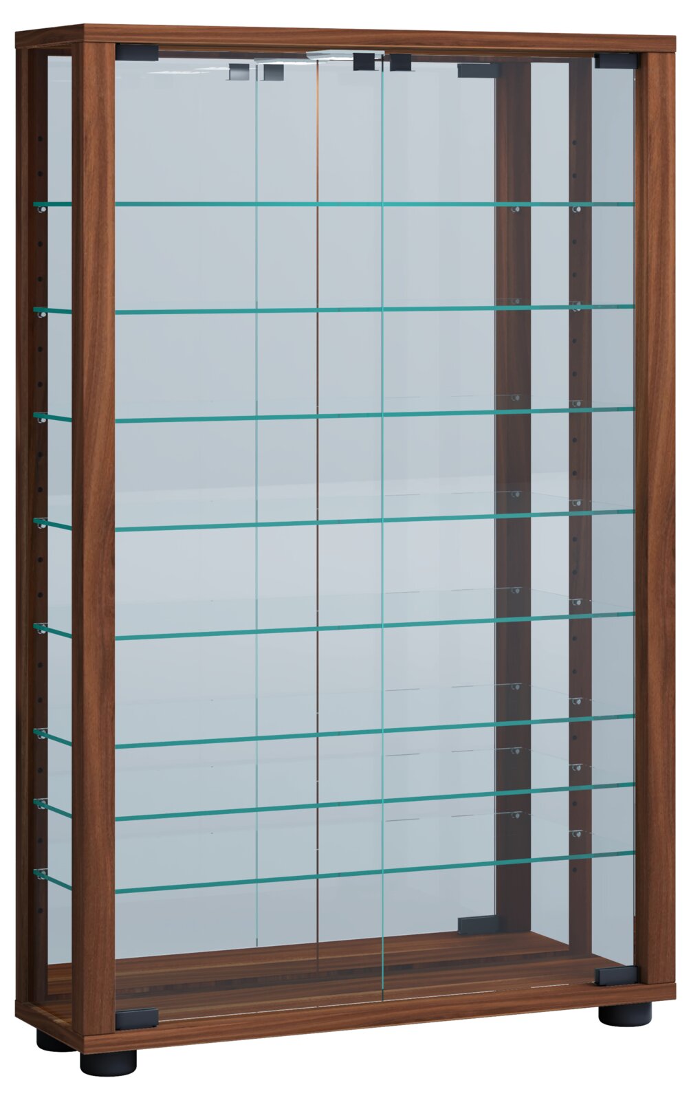 Frontale Ansicht einer modernen Vitrine mit Holzrahmen in Nussbaumoptik, transparenten Glasschiebetüren und mehreren Glasböden auf schwarzen Füßen.