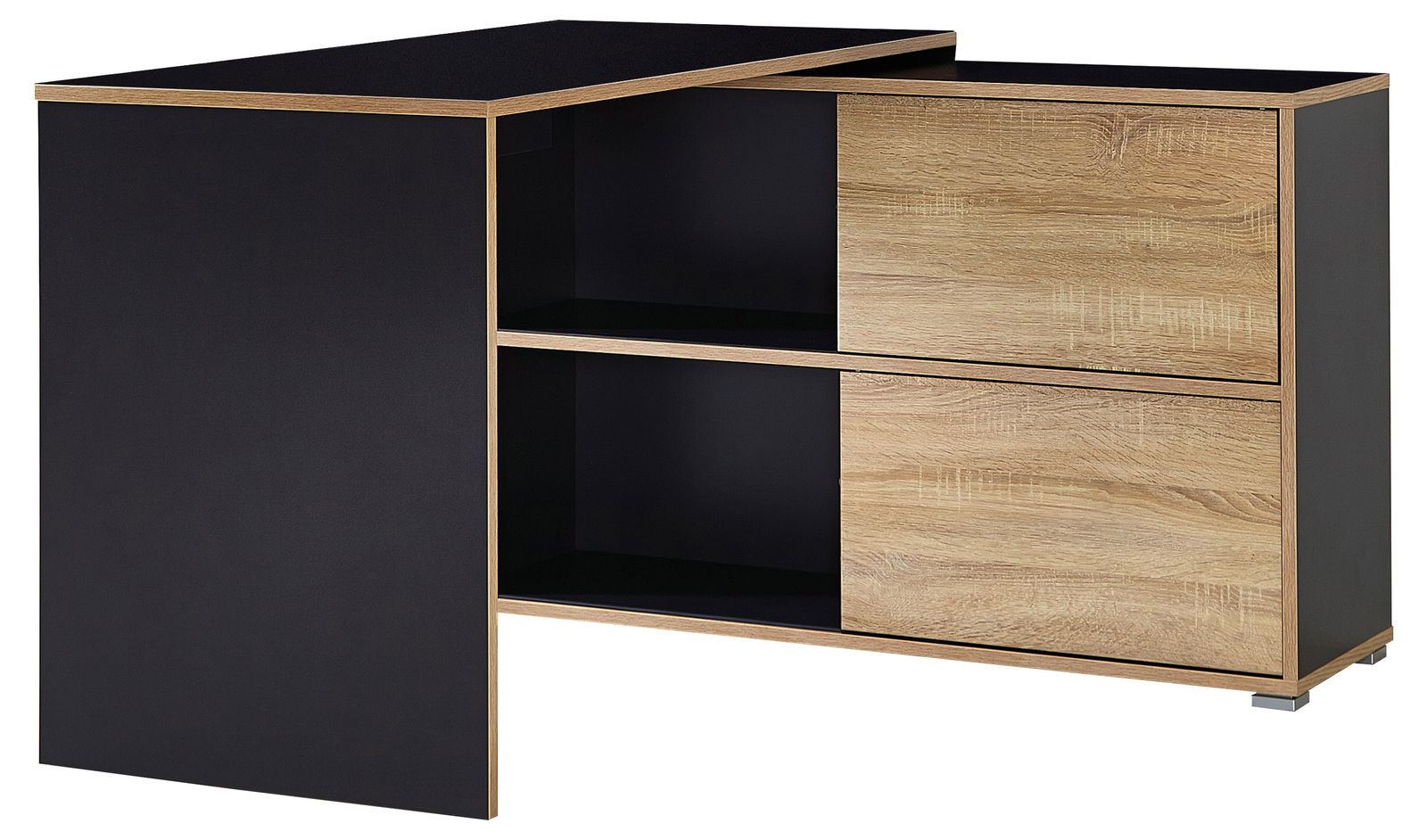 Moderner Schreibtisch mit schwarzer und holzfarbener Oberfläche, seitliche Perspektive