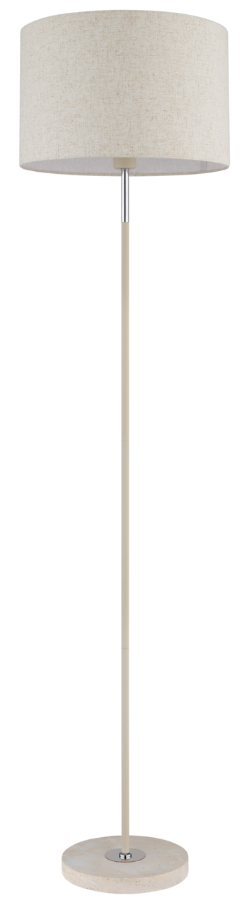 Stehleuchte mit rundem Stoffschirm und schlankem, geradem Ständer, frontal abgebildet.