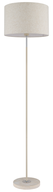 Stehleuchte mit rundem Stoffschirm und schlankem, geradem Ständer, frontal abgebildet.