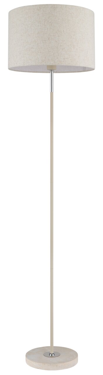 Staande lamp met ronde stoffen kap en slanke, rechte voet, van voren afgebeeld.
