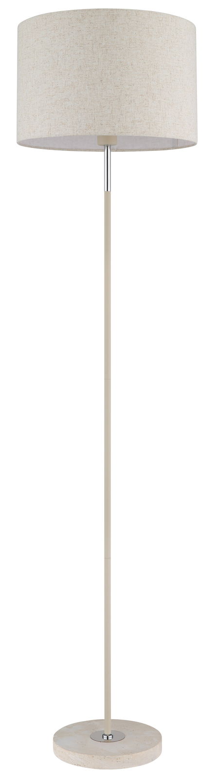 Stehleuchte mit rundem Stoffschirm und schlankem, geradem Ständer, frontal abgebildet.