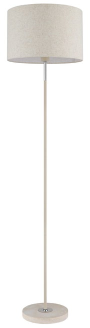 Staande lamp met ronde stoffen kap en slanke, rechte voet, van voren afgebeeld.