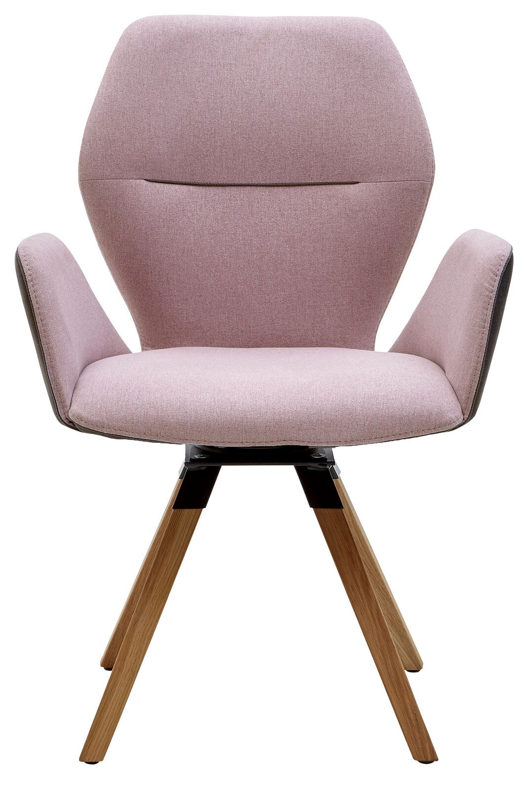 Vorderansicht eines modernen Armlehnenstuhls mit rosa Polsterung und Holzbeinen.