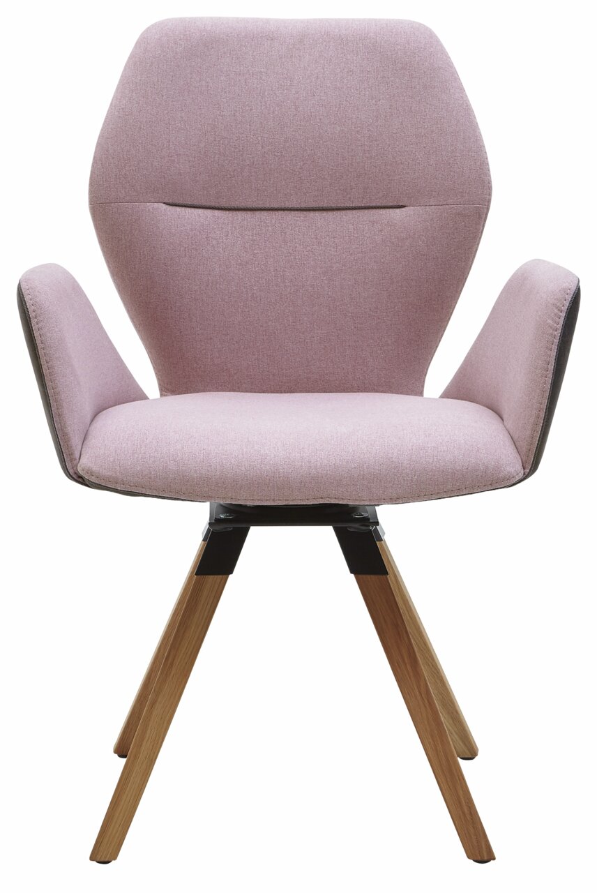 Valnatura Armlehnenstuhl PIANO Vorderansicht eines modernen Armlehnenstuhls mit rosa Polsterung und Holzbeinen.