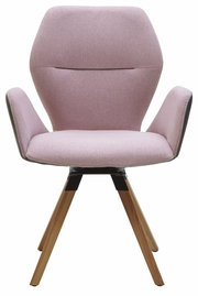 Vorderansicht eines modernen Armlehnenstuhls mit rosa Polsterung und Holzbeinen.