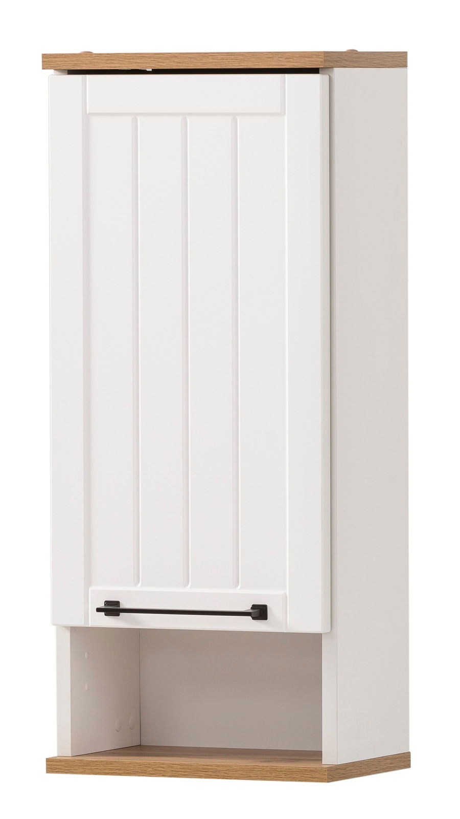 Weißer Wandschrank mit Holzdetails und schwarzem Griff, Frontalansicht