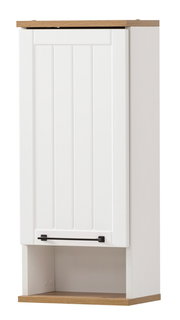 Weißer Wandschrank mit Holzdetails und schwarzem Griff, Frontalansicht