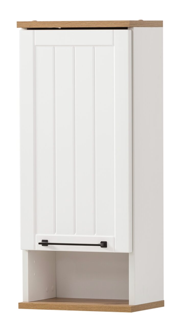 Weißer Wandschrank mit Holzdetails und schwarzem Griff, Frontalansicht