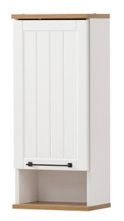 Weißer Wandschrank mit Holzdetails und schwarzem Griff, Frontalansicht