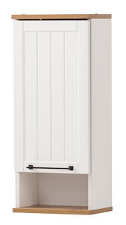 Weißer Wandschrank mit Holzdetails und schwarzem Griff, Frontalansicht