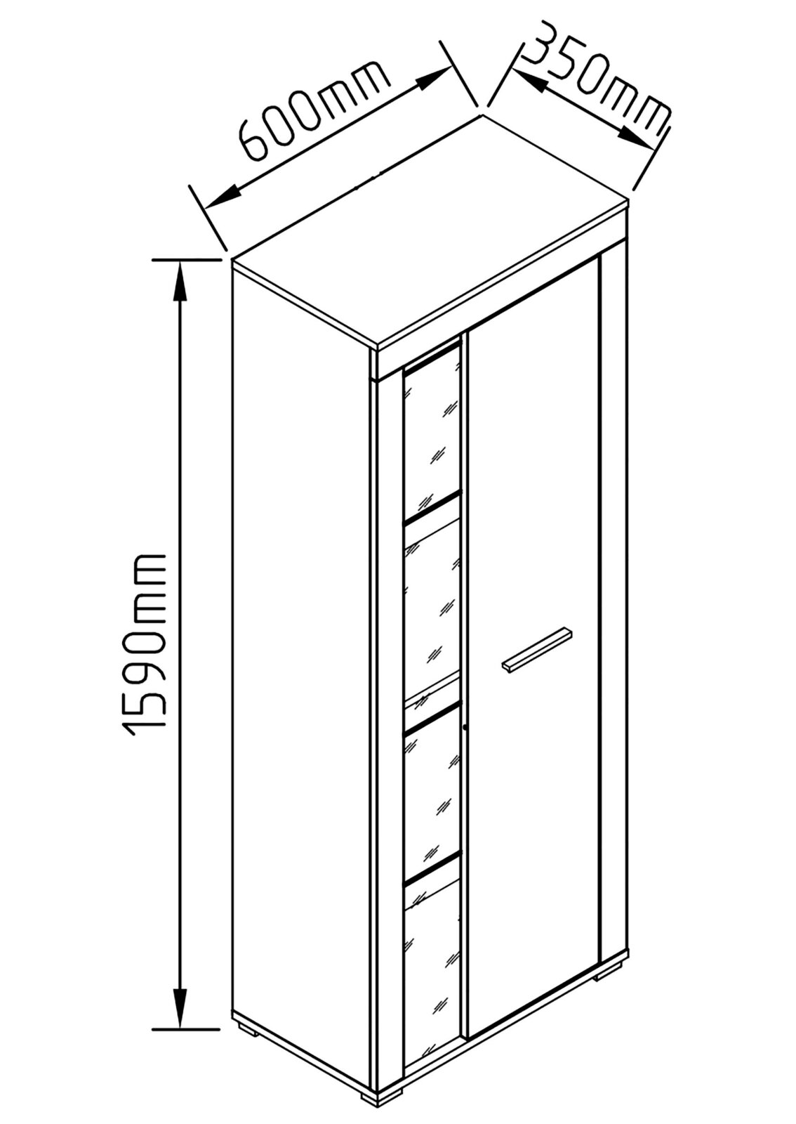 Technische Strichzeichnung eines hohen Schranks mit Tür und schmalem Glaseinsatz, Maße ca. 1590 mm hoch, 600 mm breit und 350 mm tief, dargestellt in schräger Perspektive von vorne oben.