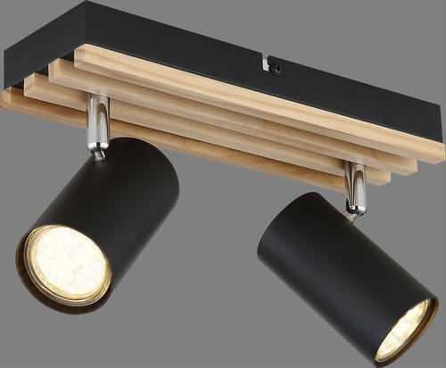 Moderner Deckenstrahler mit zwei verstellbaren schwarzen Leuchten, Holz- und Metallelemente, seitliche Perspektive.