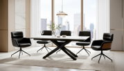 Modern rechthoekige eettafel met wit blad en zwart gekruist onderstel, omringd door luxe zwarte stoelen, vanuit schuin vooraanzicht in een licht interieur met panoramische ramen.