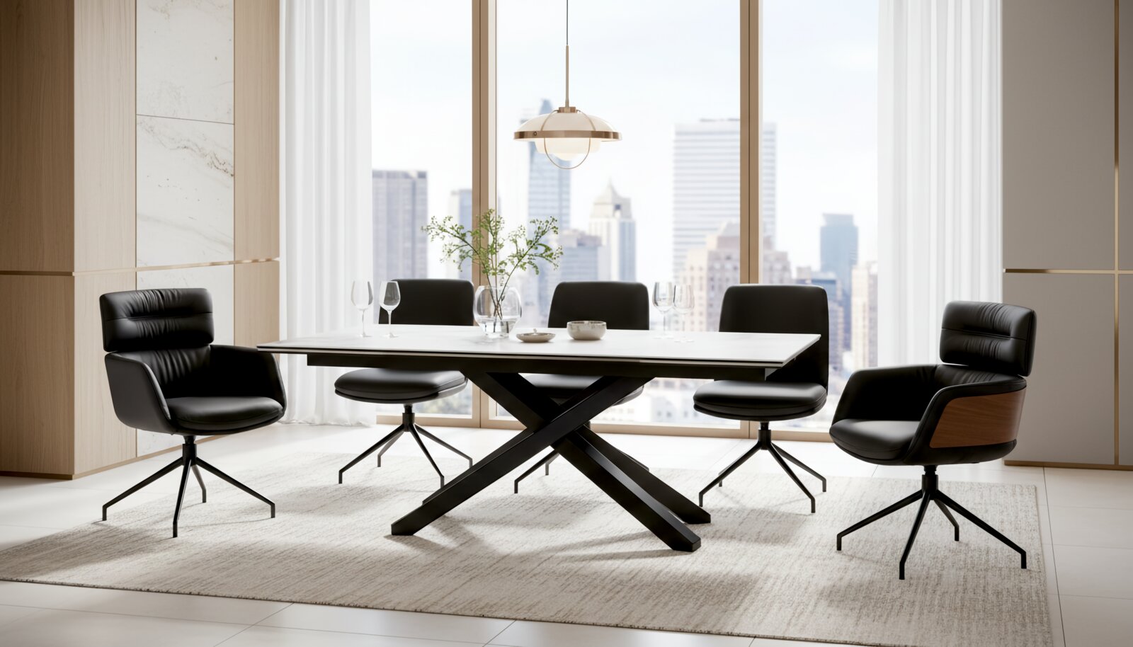 Modern rechthoekige eettafel met wit blad en zwart gekruist onderstel, omringd door luxe zwarte stoelen, vanuit schuin vooraanzicht in een licht interieur met panoramische ramen.