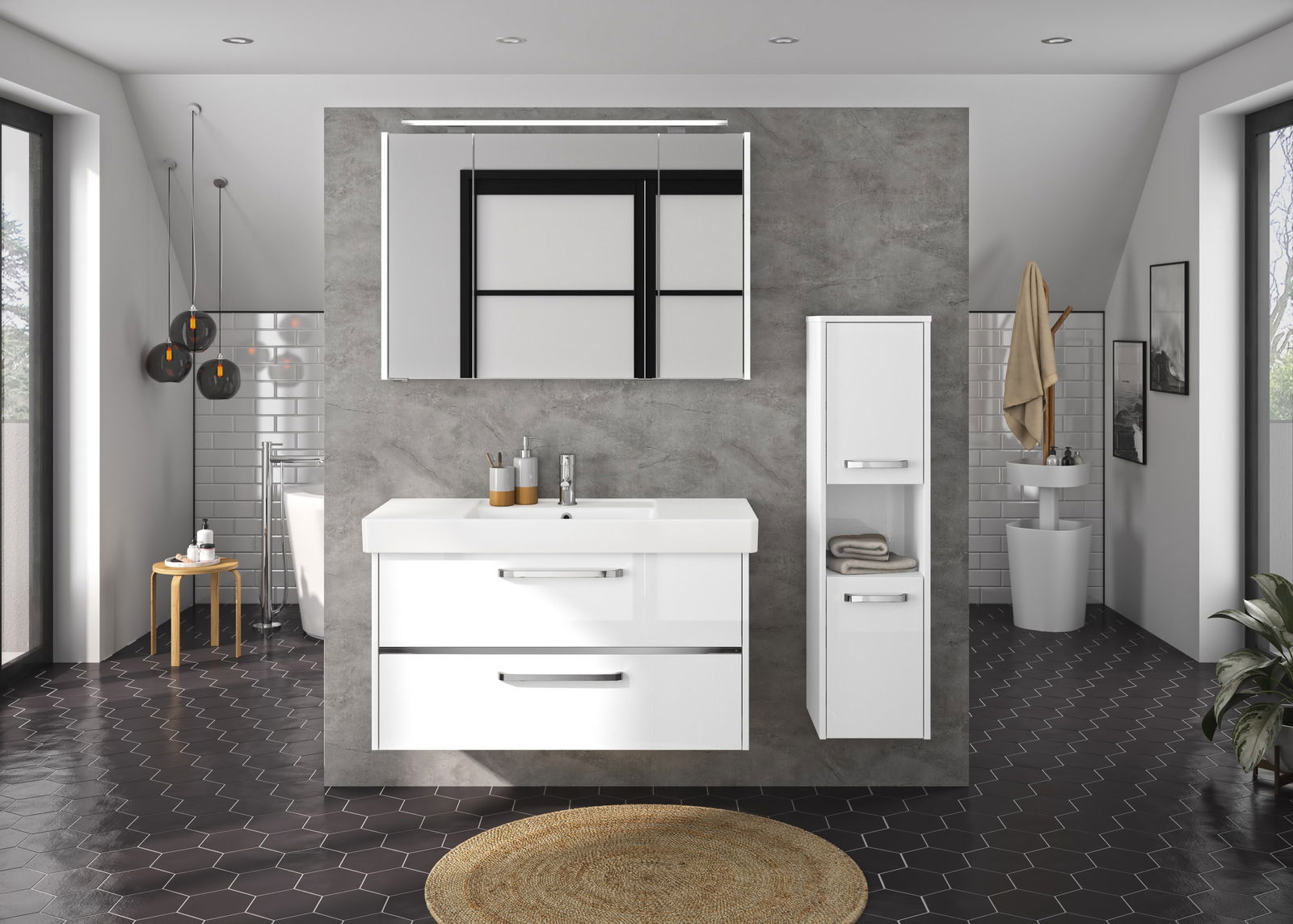 Moderner weißer Midischrank in einem stilvollen Badezimmer, frontal betrachtet, neben einem Waschbecken mit Spiegel.