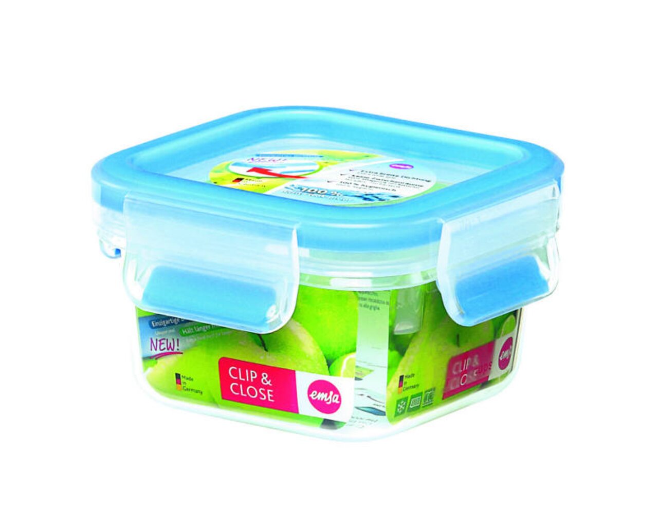 Transparente Kunststoffdose mit blauem Deckel und Clip-Verschluss, perspektivisch von schräg oben fotografiert.