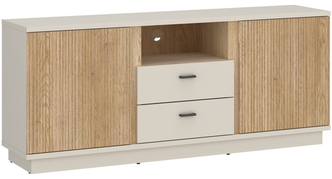 TV-Lowboard mit zwei Schubladen und zwei Türen in Holzoptik, frontale Ansicht
