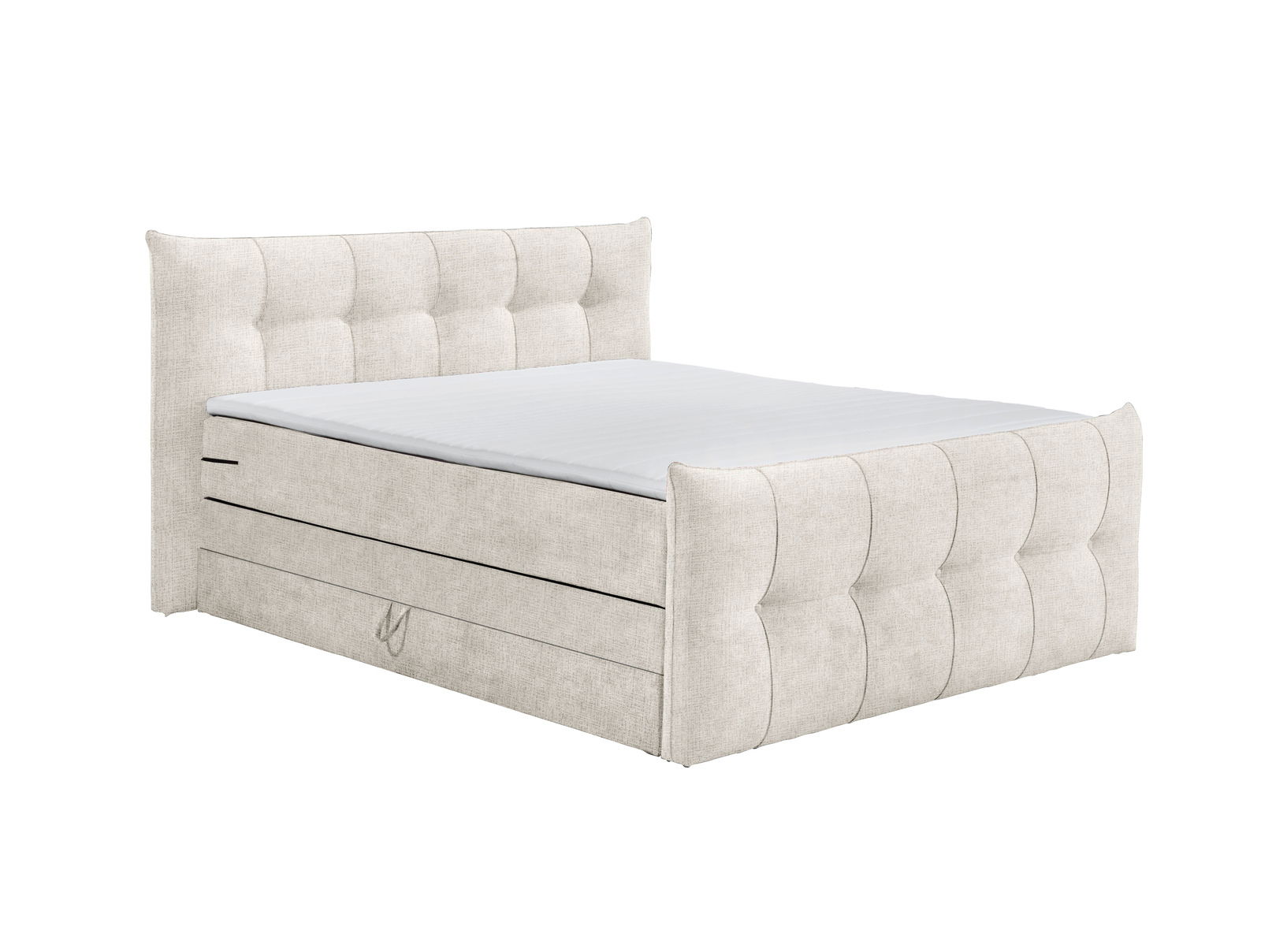 Boxspringbett in hellem Stoffbezug, seitliche Perspektive