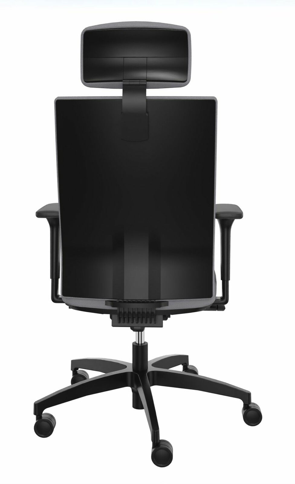 Rückansicht eines schwarzen Drehstuhls mit Kopfstütze und Armlehnen