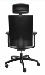 Rückansicht eines schwarzen Drehstuhls mit Kopfstütze und Armlehnen