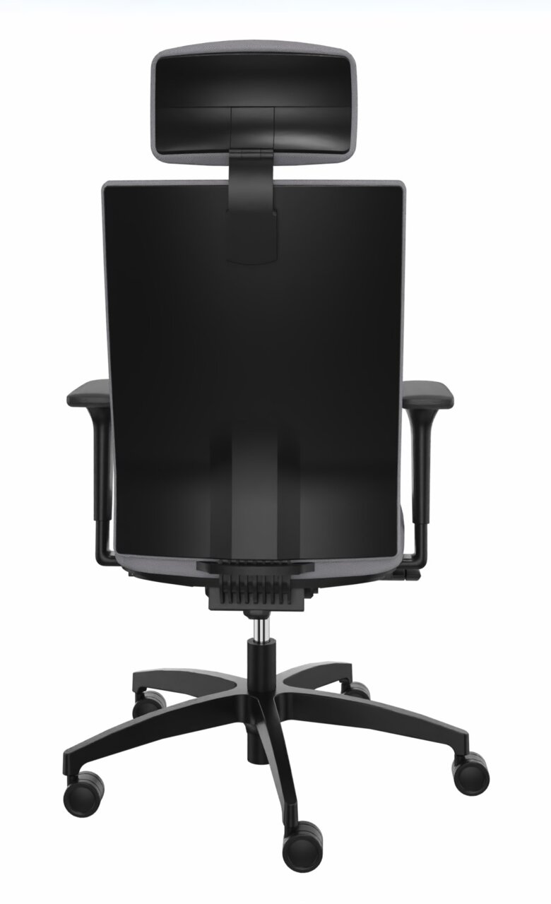 Rückansicht eines schwarzen Drehstuhls mit Kopfstütze und Armlehnen