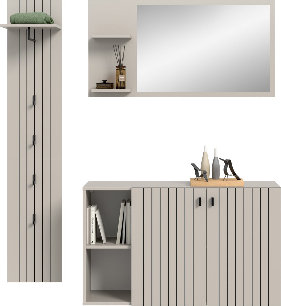 Modernes Badezimmer-Set mit großem rechteckigen Spiegel über weißem Waschtisch-Unterschrank mit vertikalen schwarzen Linien, offenen Regalfächern und dekorativen Accessoires; Frontansicht leicht von rechts.