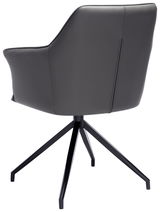 Rückansicht eines modernen Armlehnstuhls mit schwarzem Lederbezug und Metallgestell.