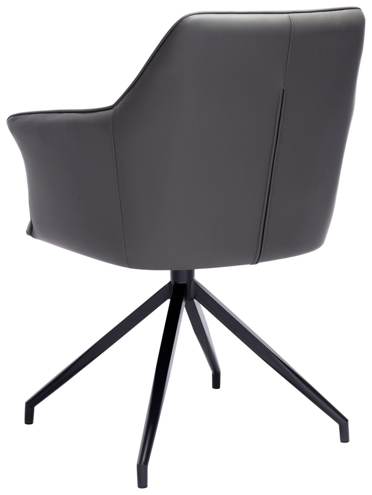 Rückansicht eines modernen Armlehnstuhls mit schwarzem Lederbezug und Metallgestell.