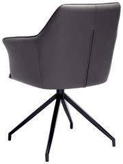 Rückansicht eines modernen Armlehnstuhls mit schwarzem Lederbezug und Metallgestell.