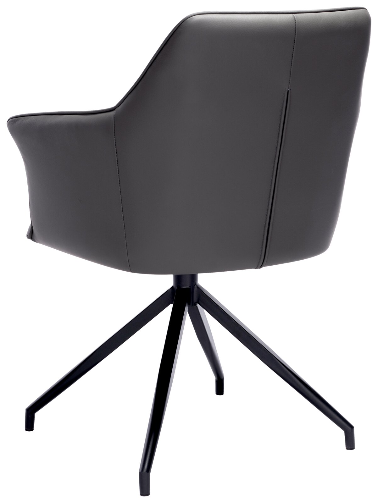 Rückansicht eines modernen Armlehnstuhls mit schwarzem Lederbezug und Metallgestell.