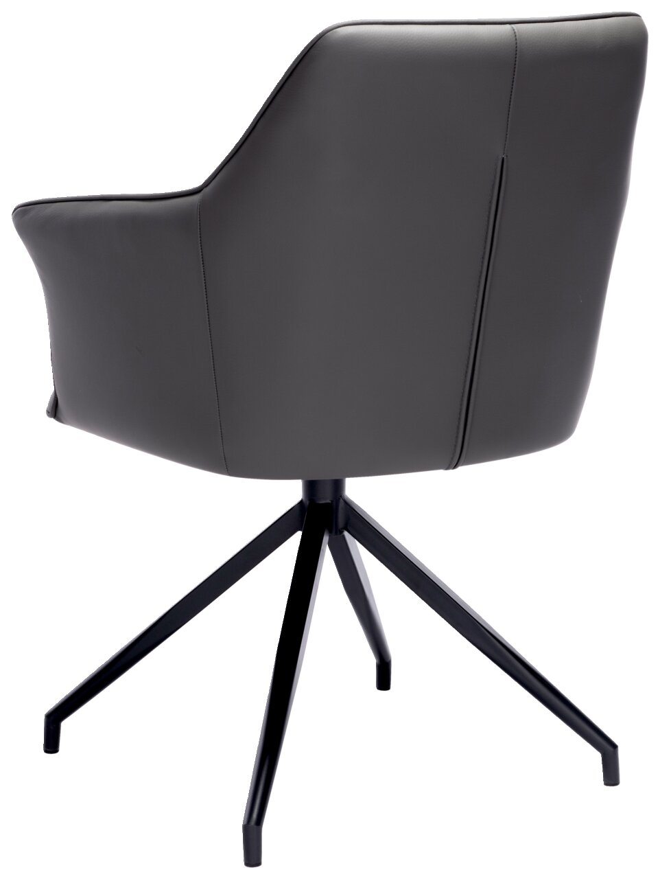 Rückansicht eines modernen Armlehnstuhls mit schwarzem Lederbezug und Metallgestell.