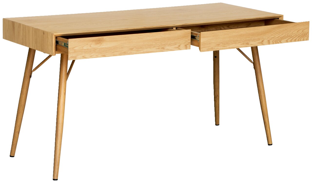 Moderner Schreibtisch aus Holz mit zwei geöffneten Schubladen, seitliche Perspektive