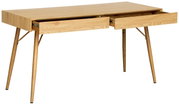 Moderner Schreibtisch aus Holz mit zwei geöffneten Schubladen, seitliche Perspektive
