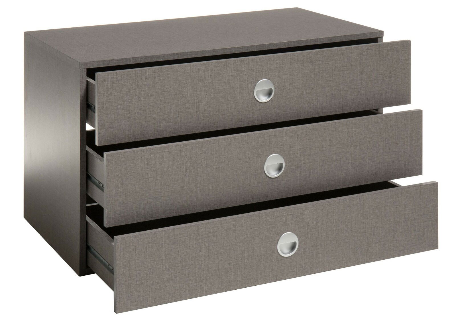 Grauer Innenschubkasten mit drei offenen Schubladen, seitliche Perspektive