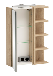 Moderner Spiegelschrank mit Holzoptik, offenen Regalen und integrierter Steckdose, seitliche Perspektive.