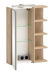 Moderner Spiegelschrank mit Holzoptik, offenen Regalen und integrierter Steckdose, seitliche Perspektive.